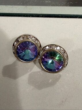 Iridescent Blue Green Purple Crystal Stud Earrings